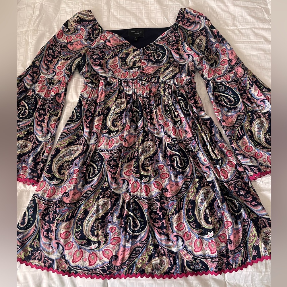 Floral Petite Bell Sleeve Dress with Pink Trim